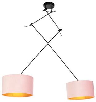 QAZQA Hanglamp Zwart Met Velours Kappen Roze Met Goud 35 Cm 2-lichts - Blitz