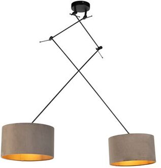 QAZQA Hanglamp Zwart Met Velours Kappen Taupe Met Goud 35 Cm 2-lichts - Blitz