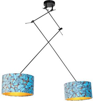 QAZQA Hanglamp Zwart Met Velours Kappen Vlinders Met Goud 35 Cm 2-lichts - Blitz