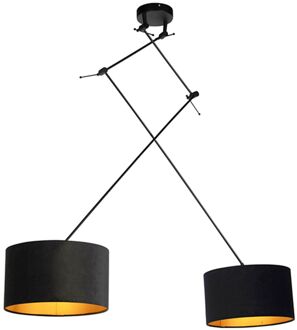 QAZQA Hanglamp zwart met velours kappen zwart met goud 35 cm 2-lichts