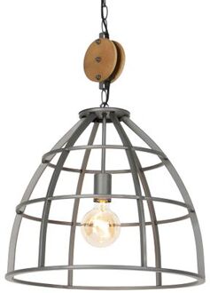 QAZQA Industriële hanglamp donkergrijs met hout 47 cm - Arthur