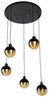 QAZQA Industriële Hanglamp Zwart Met Messing 5-lichts - Haicha