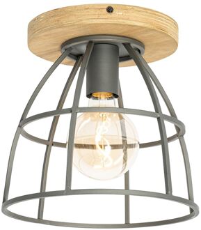 QAZQA Industriële plafondlamp donkergrijs met hout - Arthur