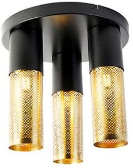 QAZQA Industriële Plafondlamp Zwart Met Goud Rond 3-lichts - Raspi