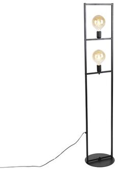 QAZQA Industriële Vloerlamp 2-lichts Zwart - Simple Cage