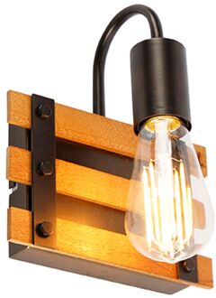 QAZQA Industriële wandlamp zwart met hout - Paleta Mai Bruin