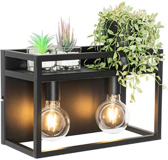 QAZQA Industriële wandlamp zwart met rek 2-lichts - Cage Rack