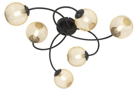 QAZQA Moderne Plafondlamp Zwart Met Goud 6-lichts - Athens Wire