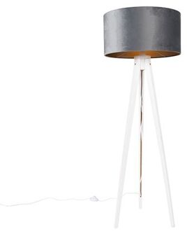 QAZQA Moderne Vloerlamp Tripod Wit Met Velours Kap Grijs 50 Cm - Tripod Classic