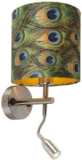 QAZQA Moderne wandlamp staal met leeslamp en kap velours 20|20|20 Groen