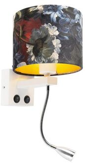 QAZQA Moderne wandlamp wit met kap velours bloemen - Brescia Wit, Zwart, Goud