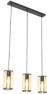 QAZQA Oosterse Hanglamp Zwart Met Rotan 3-lichts Langwerpig - Akira