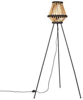 QAZQA Oosterse Tripod Vloerlamp Bamboe Met Zwart - Evalin