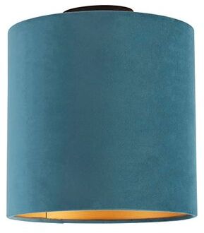 QAZQA Plafondlamp Met Velours Kap Blauw Met Goud 25 Cm - Combi Zwart