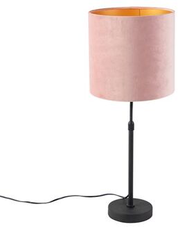 QAZQA Tafellamp zwart met velours kap roze met goud 25 cm - Parte