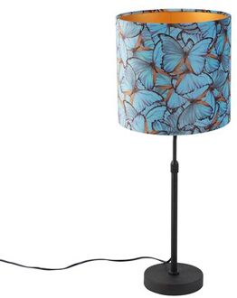 QAZQA Tafellamp Zwart Met Velours Kap Vlinders Met Goud 25 Cm - Parte