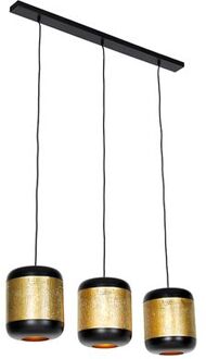 QAZQA Vintage hanglamp zwart met messing langwerpig 3-lichts - Goud