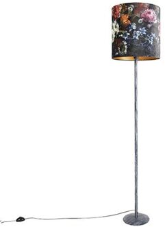 QAZQA Vintage Vloerlamp Antiek Grijs Kap Bloemen Dessin 40 Cm - Simplo
