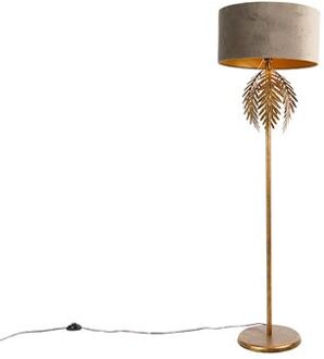 QAZQA Vintage vloerlamp goud 145 cm met velours kap taupe 50 cm - Bruin