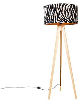QAZQA Vloerlamp hout met stoffen kap zebra 50 cm - Tripod Classic Wit, Zwart, Beige