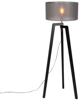 QAZQA Vloerlamp tripod zwart hout met grijze kap 50 cm - Puros Grijs