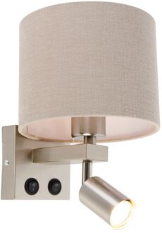 QAZQA Wandlamp staal met leeslamp en kap 18 cm lichtbruin - Brescia Zilver