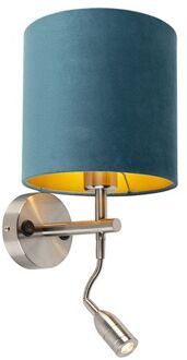 QAZQA Wandlamp staal met leeslamp en kap velours 20|20|20 blauw