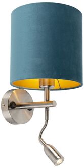 QAZQA Wandlamp staal met leeslamp en kap velours 20|20|20 blauw