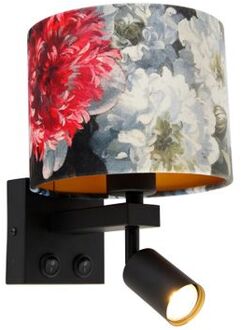 QAZQA Wandlamp zwart met leeslamp en kap 18 cm bloemen - Brescia