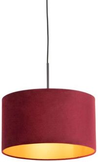 QAZQA Zwarte hanglamp met velours kap rood met goud 35 cm - Combi