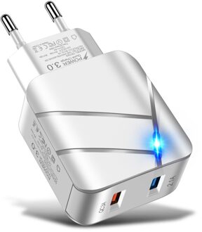 Qc 3.0 Usb Charger Adapter 5V 2A 28W, Snellader 2 Usb-poort, universele Adapter Reizen Snel Opladen Verlichte Eu Ons Stekker wit EU