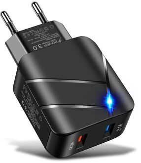 Qc 3.0 Usb Charger Adapter 5V 2A 28W, Snellader 2 Usb-poort, universele Adapter Reizen Snel Opladen Verlichte Eu Ons Stekker zwart EU