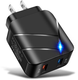 Qc 3.0 Usb Charger Adapter 5V 2A 28W, Snellader 2 Usb-poort, universele Adapter Reizen Snel Opladen Verlichte Eu Ons Stekker zwart US