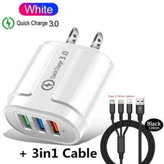 Qc 3.0 Usb Charger Quick Charge 3.0 Eu/Us Snelle Charge Multi Plug Wall Charger Adapter Voor Iphone Xr 11 Pro Samsung Xiaomi Mi 9 US 3in1 kabel wit