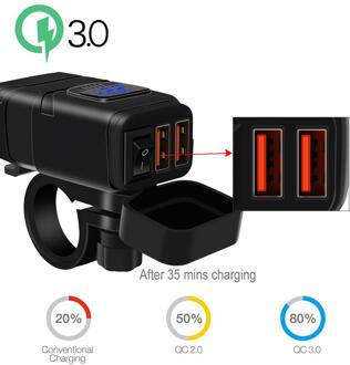 QC3.0 Upgrade Praktische Motorcycle Quick Charger 12V Sae Naar Usb Adapter Met Voltmeter Op Uit Schakelaar Waterdicht Adapter blauw