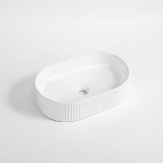 QeramiQ Arto waskom - 49.5x31.5x13cm - geribbeld - ovaal - keramiek - glans wit SW1413964 Wit glans