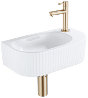 QeramiQ Blend Fonteinset - 40x21.5x12cm - rechts - geribbeld - halfrond - 1 kraangat - keramiek - fonteinkraan geborsteld messing - afvoerplug - verlaagd sifon - wit glans SW1209542/SW696208/SW696218/SW696238