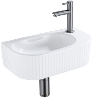 QeramiQ Blend Fonteinset - 40x21.5x12cm - rechts - geribbeld - halfrond - 1 kraangat - keramiek - fonteinkraan gunmetal - afvoerplug - verlaagd sifon - wit glans SW1209542/SW769487/SW767295/SW696239