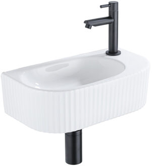 QeramiQ Blend Fonteinset - 40x21.5x12cm - rechts - geribbeld - halfrond - 1 kraangat - keramiek - fonteinkraan zwart mat - afvoerplug - verlaagd sifon - wit glans SW1209542/SW696205/SW696215/SW696235