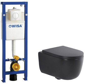 QeramiQ Dely Swirl Toiletset - 36.5x53cm - Wisa XS inbouwreservoir - 35mm zitting - witte bedieningsplaat - ronde knoppen - zwart mat 0704406/SW1000769/SW1026258