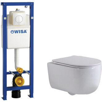 QeramiQ Dely Swirl Toiletset - 36.5x53cm - Wisa XS inbouwreservoir - slim zitting - witte bedieningsplaat - ronde knoppen - glans wit 0704406/sw1000766/SW1026256 Wit Glans