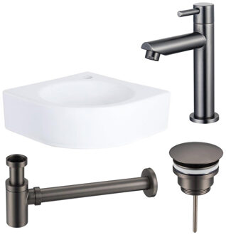 QeramiQ Fuente fonteinset - 30x30x10cm - 1 kraangat - hoek - keramiek - fonteinkraan gunmetal - glans wit SW696237/SW696207/SW696217/SW679885 Wit glans