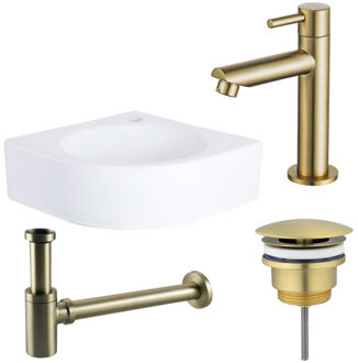 QeramiQ Fuente fonteinset - 30x30x10cm - 1 kraangat - hoek - keramiek - fonteinkraan messing geborsteld - glans wit SW696238/SW696208/SW696218/SW679885 Wit glans