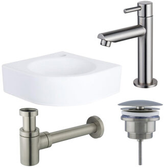 QeramiQ Fuente fonteinset - 30x30x10cm - 1 kraangat - hoek - keramiek - fonteinkraan RVS geborsteld - glans wit SW696237/SW696207/SW696217/SW679885 Wit glans