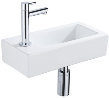 QeramiQ Fuente Fonteinset - 37.5x18.5x9cm - keramiek - kraangat links - fonteinkraan chroom - afvoerplug - verlaagd sifon - Glans wit SW1122449/SW696209/SW696219/SW696234 Wit glans
