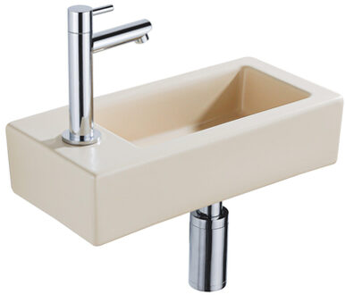 QeramiQ Fuente Fonteinset - 37.5x18.5x9cm - keramiek - kraangat links - fonteinkraan chroom - afvoerplug - verlaagd sifon - Mat Beige SW1122452/SW696209/SW696219/SW696234 Beige mat