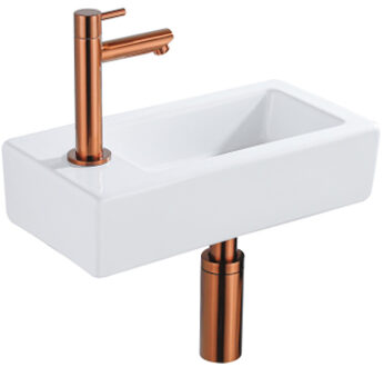 QeramiQ Fuente Fonteinset - 37.5x18.5x9cm - keramiek - kraangat links - fonteinkraan geborsteld koper - afvoerplug - verlaagd sifon - Glans wit SW1122449/SW799405/SW799403/SW970033 Wit glans