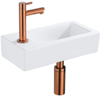 QeramiQ Fuente Fonteinset - 37.5x18.5x9cm - keramiek - kraangat links - fonteinkraan geborsteld koper - afvoerplug - verlaagd sifon - Mat wit SW1122450/SW799405/SW799403/SW970033 Wit mat