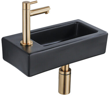 QeramiQ Fuente Fonteinset - 37.5x18.5x9cm - keramiek - kraangat links - fonteinkraan geborsteld messing - afvoerplug - verlaagd sifon - Mat Zwart SW1122451/SW696208/SW696218/SW696238 Zwart mat