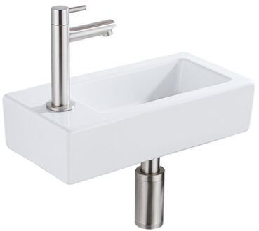 QeramiQ Fuente Fonteinset - 37.5x18.5x9cm - keramiek - kraangat links - fonteinkraan geborsteld RVS - afvoerplug - verlaagd sifon - Glans wit SW1122449/SW696207/SW696217/SW696237 Wit glans